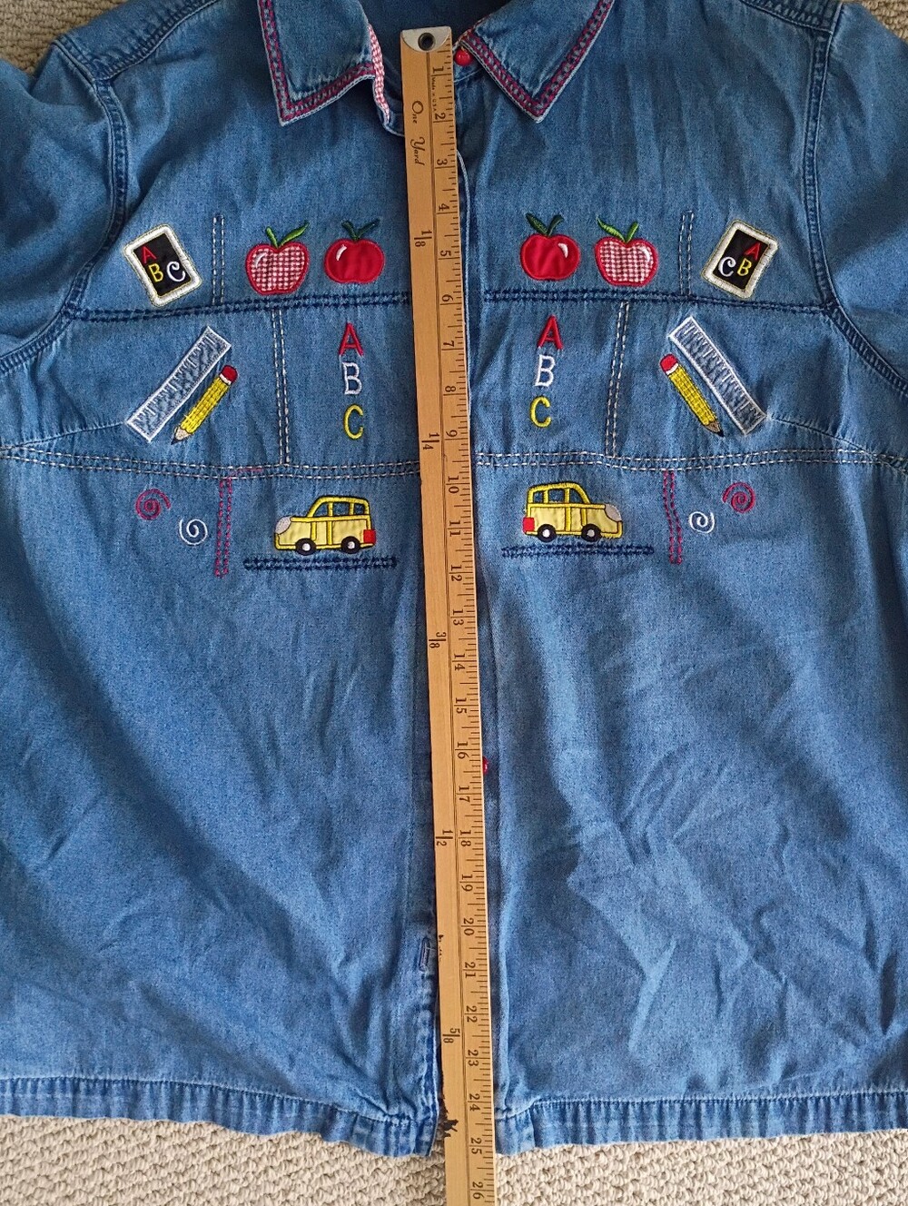 Vintage Embroider Applique ABC Teacher Educator School Demin Top Pencil Apple - Picture 7 of 9